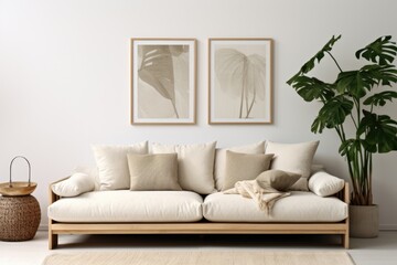 Poster - A cozy living room featuring a comfortable couch and a vibrant plant. Perfect for home decor or interior design themes.