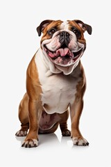 Aufkleber - A picture of a brown and white dog sitting on a white surface. This image can be used for various purposes.