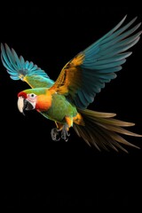 Poster - A vibrant parrot is captured mid-flight, showcasing its stunning colors. This image can be used to add a lively touch to any project or to depict freedom and nature.