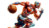 Fototapeta  - Illustration of Dummies figure anatomical athlete playing basket ball. Male model in muscular pose playing basketball at White background. generative Ai.