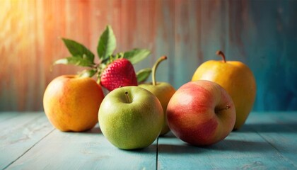 Sticker -  a group of apples sitting on top of a wooden table next to a strawberries and a strawberry on top of a wooden table.