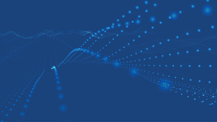 Poster - Wave of particles. Futuristic dots pattern on dark background. Big data digital code. Technology or Science Banner. 3D rendering. Vector illustration.