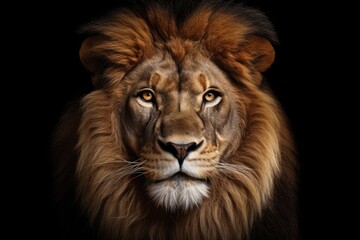 Poster - A close up photograph of a lion's face against a black background.