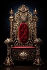 Aufkleber - A regal red and gold throne with a clock placed on it. This image can be used to depict royalty, power, and time management
