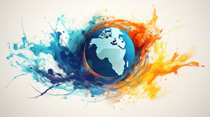 Wall Mural -  a picture of a blue and orange globe with paint splatters coming out of it and a white background.