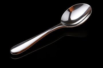 Poster - A silver spoon with a wooden handle is placed on a black surface. This versatile image can be used to depict elegance, fine dining, kitchenware, or culinary themes