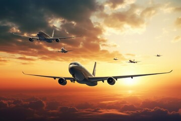 Poster - A large jetliner soaring through the clouds. Ideal for travel and transportation themes.