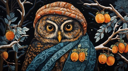 Sticker -  a painting of an owl wearing a knitted hat and holding a bag of apples in front of a tree filled with oranges.