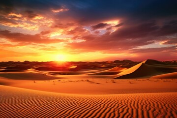 Poster - A beautiful sunset over a vast desert landscape. This image captures the serene beauty of nature at dusk. Perfect for travel, nature, and landscape themes.