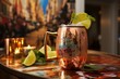 A refreshing Moscow Mule cocktail in a copper mug, garnished with lime, set on a vibrant tabletop, ideal for hospitality.