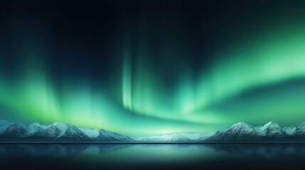 Sticker -  a green and blue aurora bore over a lake with mountains in the background and snow capped mountains in the foreground.