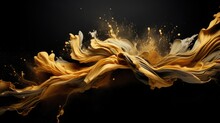 Banner With Abstract Background Explosion Of Gold Ink, Paint In Water On A Black Background