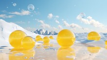  A Group Of Yellow Balls Floating On Top Of A Snow Covered Ground Next To A Snow Covered Mountain Under A Blue Sky.