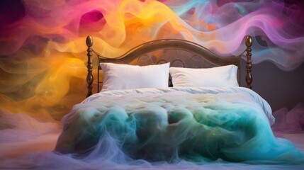 Poster -  a bed covered in a blanket and pillows in front of a wall with a painting of colorful smoke on it.