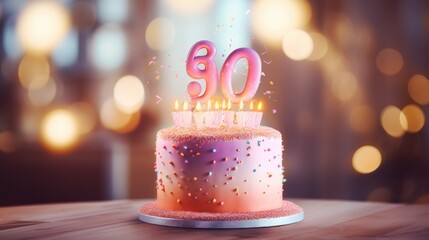 Sticker -  a birthday cake with pink frosting and sprinkles with the number 90 on top of the cake.