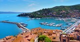 Fototapeta  - panorama from above of Porto Santo Stefano on the coast of Monte Argentario in Grosseto, Tuscany, Italy