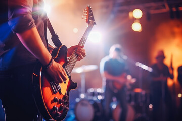 Close up of guitarist from music band playing on stage, band performing for live crowd in a pub, concept of live music and performing on stage