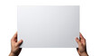 hands are holding a blank empty sheet of paper. Isolated on Transparent background.