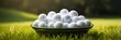 Golf balls in a basket close-up on golf course greens, active outdoor play, banner