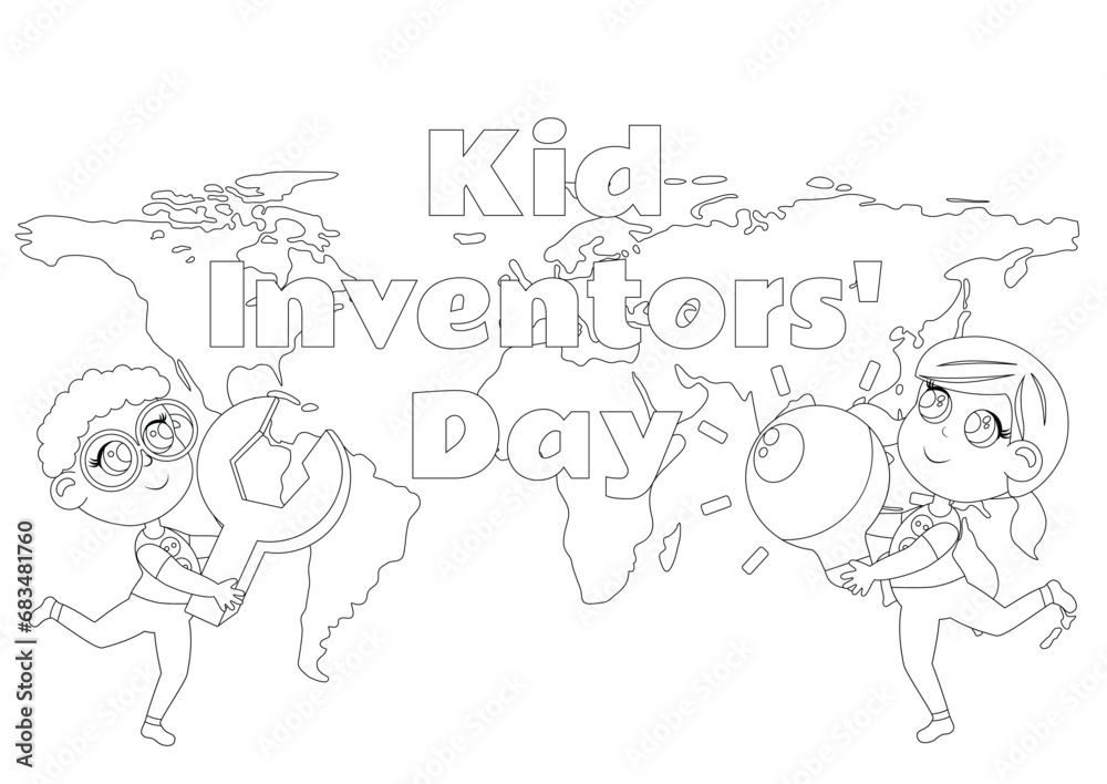 Coloring page. Kid Inventors Day. Cute boy and girl with light bulb and ...