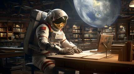 astronaut reading a book in a cosmic library in another planet, science fiction day concept
