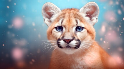 Poster -  a close up of a small animal on a blue background with snow flakes and snow flakes in the background.