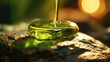 Closeup of a vibrant green oil being slowly dripped onto a warm stone during a hot stone massage, emphasizing its natural and nourishing ingredients.