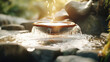 © Justlight - Closeup of a serene waterfall cascading into a basin, providing a tranquil backdrop for the tea ceremony.