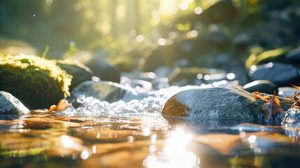 Closeup of a small stream of water cascading down a single, smooth rock, showcasing the gentle and peaceful nature of the scene.