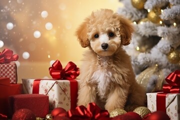 Sticker - christmas card with cute poodle puppy