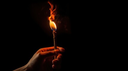 Poster -  a hand holding a lit matchstick with a flame coming out of the top of the match, on a black background.