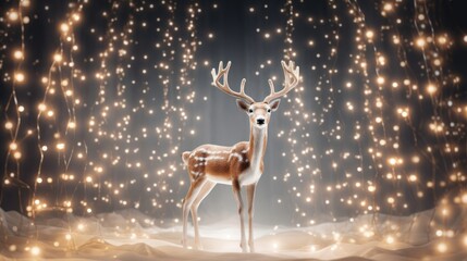 Poster -  a deer standing in the middle of a snow covered field with a lot of lights on it's head.