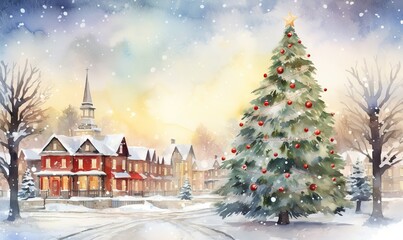 Canvas Print - watercolor a large christmas tree is placed in the urban middle