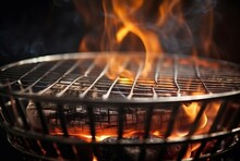 Barbecue Grill With Burning Flames Closeup Photo. Grilling Culinary Food Roasting Flaming Grate. Generate Ai