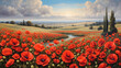 Landscape of a red poppy field on a sunny day with a river