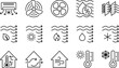 Ventilation Vector Line Icons with Air Conditioning, Air Cooling, Fan, Humidity, Air Circulation, and Ventilation.