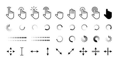 Poster - Pointer and loading icons. Computer cursor arrow and loading sign, click and wait symbol, web address and thumb pointing. Vector isolated set of mouse pointer computer, cursor hand illustration