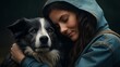 Compassionate Woman Embracing Rescued Border Collie in Rain
