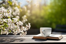 White Coffee Cup And Open Book With Spring Flowers On A Wooden Table, Embracing Spring Vibes