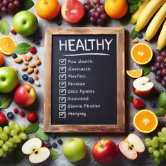 Wall Mural - Healthy Menu Blank chalkboard surrounded by an array of fresh fruits. ai generative