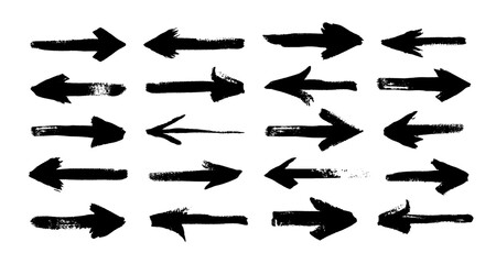 Poster - Grunge brush arrows. Abstract dry paint marker stroke direction signs, black splatter cursor. Vector marker strokes isolated set of grunge marker arrows stroke illustration