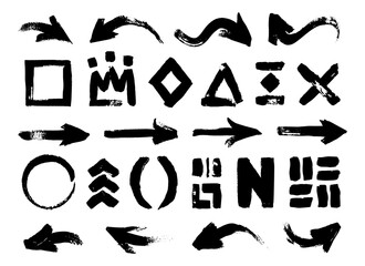 Poster - Dry brush figures. Doodle brush strokes and smudge marks of various shapes and sizes, abstract paint brush and texture elements. Vector isolated set of brush design dry grunge paint illustration