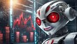 Futuristic bad robot looking badly with red eyes at bitcoin charts and he thinks something which is not good, selective focus