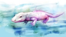  A Watercolor Painting Of A Pink And White Salaman Swimming In A Pool Of Water With Blue And Green Algae.