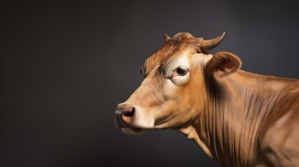 Poster -  a close up of a brown cow's face on a black background with a blurry background behind it.