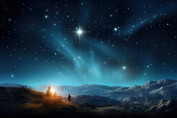 the star shines over the manger of christmas of jesus christ.