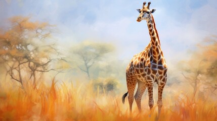 Canvas Print -  a painting of a giraffe standing in a field of tall grass with trees and bushes in the background.