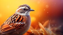  A Brown And White Bird Sitting On Top Of A Leaf Covered Ground Next To A Yellow And Orange Background With Water Droplets.