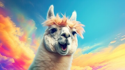 Poster -  a close up of a llama in front of a sky with clouds and a rainbow hued sky in the background.