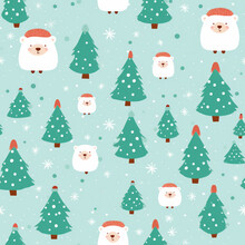 A Cute Seamless Pattern In The Style Of Children Illustration With Polar Bears In Red Winter Hats Scattered Among Green Christmas Trees